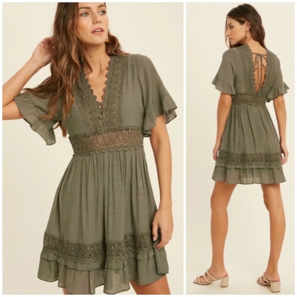 Dainty Olive Green Bohemian Crochet Lace Trim Ruffle Short Sleeve Mini Dress - Picture 1 of 5